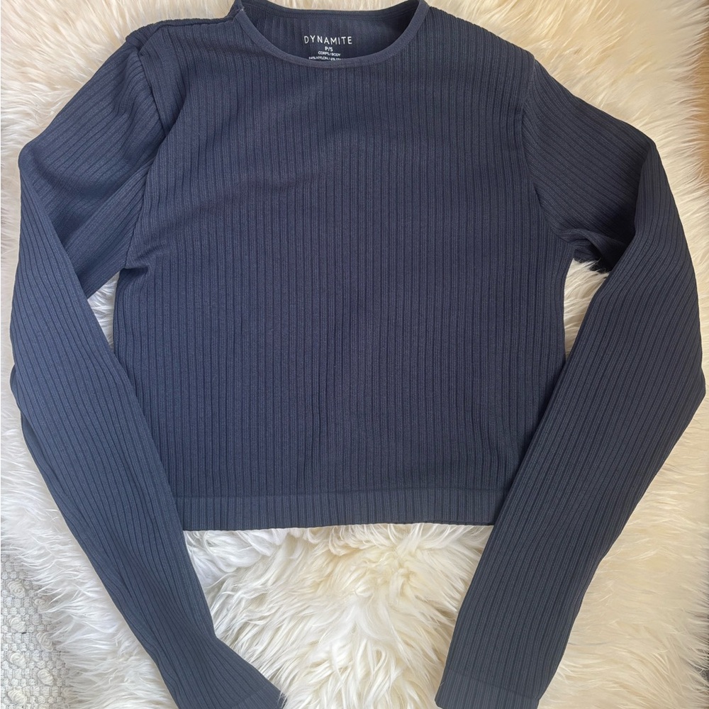 Dynamite Navy Blue Long Sleeve Ribbed Crop Top